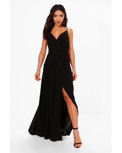 Boohoo Slinky Wrap Ruched Strappy Maxi Bridesmaid Dress - Black