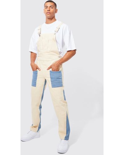 BoohooMAN Relaxed Fit Overdye Panel Overalls - Natural