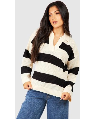 Boohoo Maternity Collared Stripe Knitted Sweater - Blue