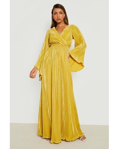 Boohoo Kimono Plisse Maxi Dress - Yellow