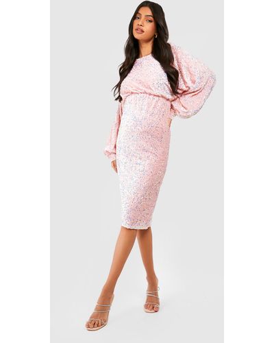 Boohoo Maternity Velvet Sequin Blouson Midi Dress - Pink