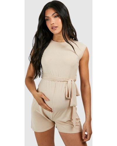 Boohoo Maternity Sleeveless Belted Lounge Romper - Natural