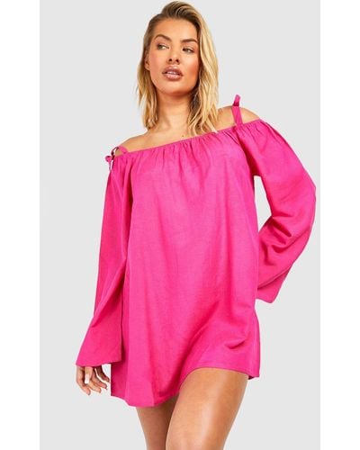 Boohoo Linen Look Tie Shoulder Off The Shoulder Beach Dress - Pink
