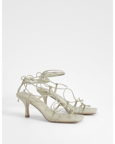 Boohoo Square Toe Knot Detail Wrap Up Heels - White