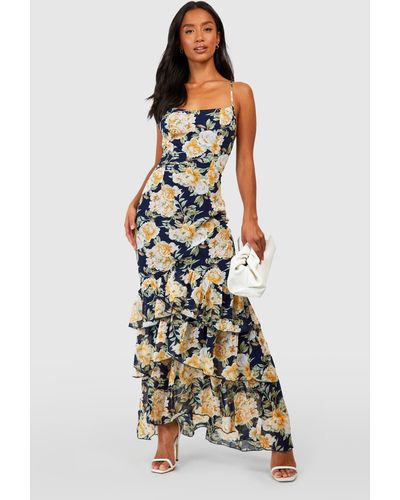 Boohoo Petite Floral Tiered Ruffle Fitted Maxi Dress - White