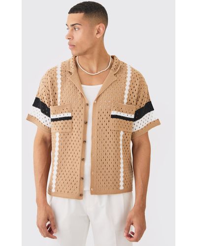 BoohooMAN Oversized Boxy Open Stitch Revere Stripe Shirt In Stone - Natural