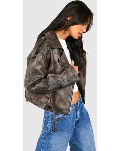 Boohoo Crop Faux Leather Biker Jacket - Blue