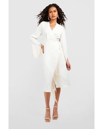 Boohoo Wrap Tassel Detail Midi Dress - White