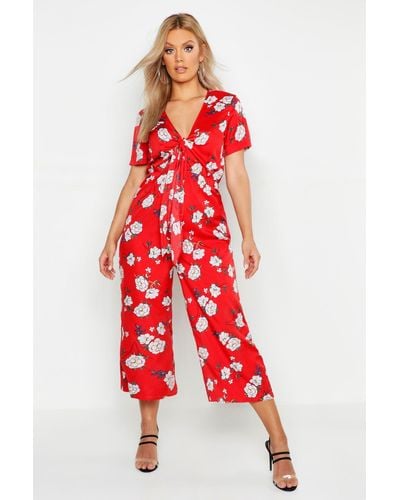 Boohoo Plus Floral Print Knot Front Culotte Jumpsuit - Red