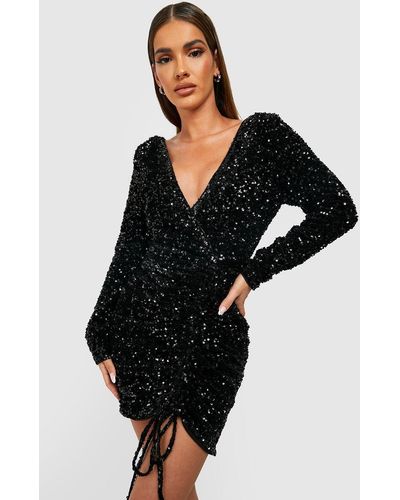 Boohoo Sequin Ruched Wrap Party Dress - Black