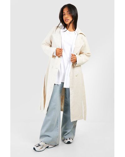 Boohoo Petite Linen Look Belted Trench Coat - White