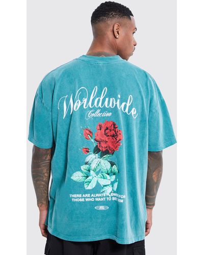 BoohooMAN Oversized Washed Worldwide Floral Graphic T-shirt - Blue