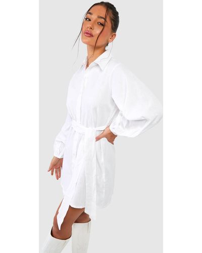 Boohoo Petite Linen Belted Shirt Dress - White