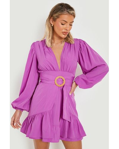 Boohoo Raffia Buckle Belted Skater Beach Dress - Purple