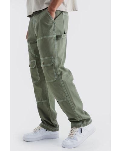 BoohooMAN Relaxed Carpenter Cargo Contrast Stitch Trouser - Green