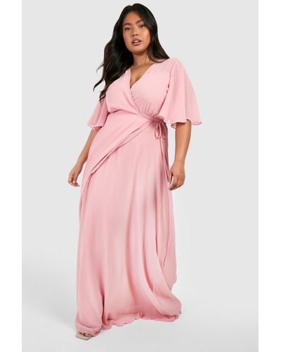 Boohoo Plus Angel Sleeve Wrap Bridesmaid Dress - Pink