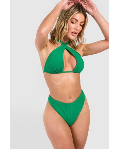 Boohoo Toweling Halter Tie Bikini Top - Green