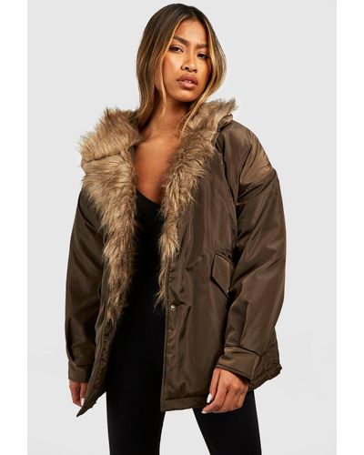 Boohoo Parka Con Ribete De Pelo Sintético - Marrón