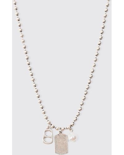 Boohoo Metal Bead Chain With Dog Tag Pendant Necklace In Silver - Blue