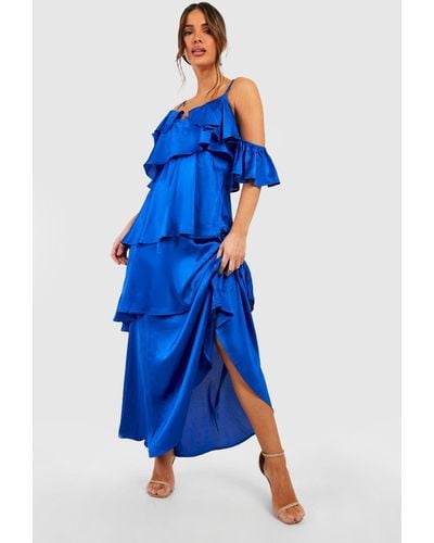 Boohoo Satin Ruffle Tiered Maxi Dress - Blue