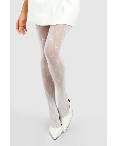 Boohoo White Bow Detail Lace Tights - Blanco
