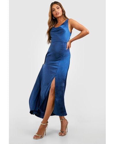Boohoo Bridesmaid Satin Asymmetric Hem Maxi Dress - Blue