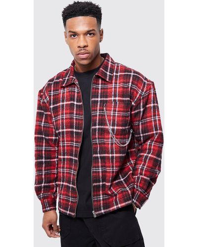 BoohooMAN Boxy Brushed Check Zip Overshirt With Chain - Red