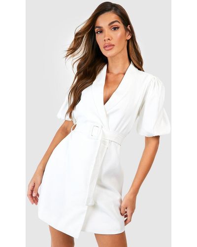 Boohoo Puff Sleeve Belted Blazer Dress - White