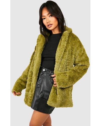 Boohoo Textured Faux Fur Longline Coat - Green