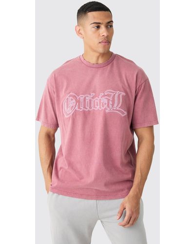 BoohooMAN Oversized Acid Wash Official Embroidered Distressed T-shirt - Pink