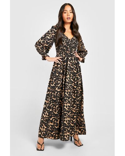 Boohoo Petite Leopard Shirred Detail Maxi Dress - Black