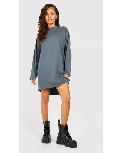 Boohoo Oversized Long Sleeve Dipped Hem T-shirt Dress - Blue