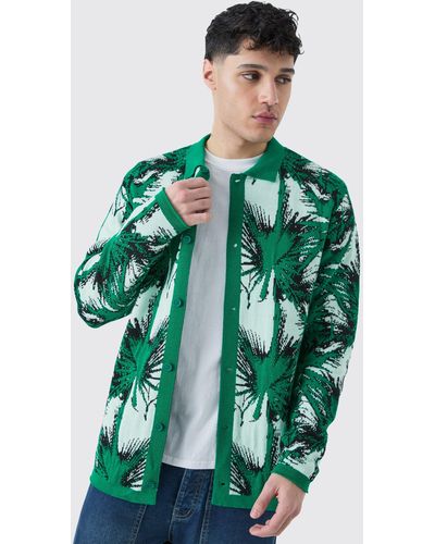 BoohooMAN Long Sleeve Palm Patterned Knitted Shirt In Teal - Green