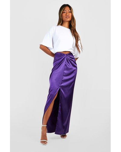 Boohoo Satin Bias Knotted Drape Maxi Skirt - Purple