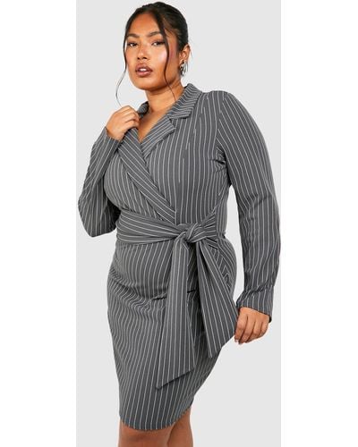 Boohoo Plus Crepe Pinstripe Belted Blazer Dress - Gray