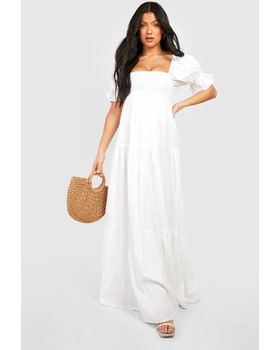Boohoo Maternity Linen Shirred Tiered Midi Dress - White