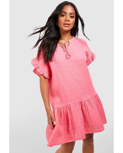 Boohoo Crinkle Textured Angel Sleeve Smock Dress - Pink