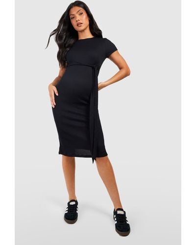 Boohoo Maternity Rib Belted Short Sleeve Midi Dress - Black