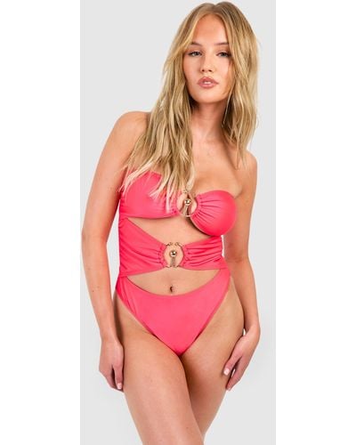 Boohoo Gold Trim Bandeau Cut Out Bathing Suit - Pink