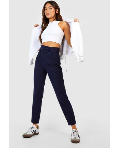 Boohoo High Waisted Buckle Belted Tapered Pants - Blue