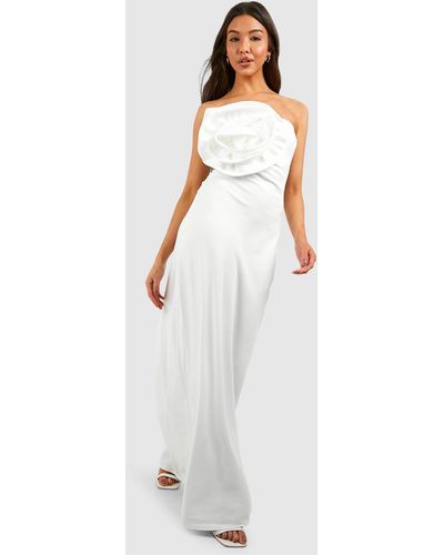 Boohoo Rose Detail Bandeau Maxi Dress - White