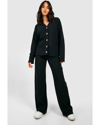 Boohoo Rib Knit Buttoned Cardigan & Trouser Co-ord - Black