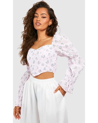 Boohoo Floral Puff Sleeve Corset - White