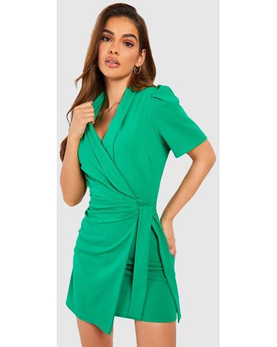 Boohoo Short Sleeve Side Tie Blazer Dress - Green