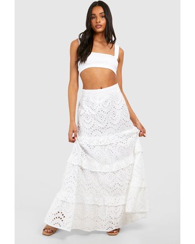Boohoo Tall Broderie Tiered Maxi Skirt - White