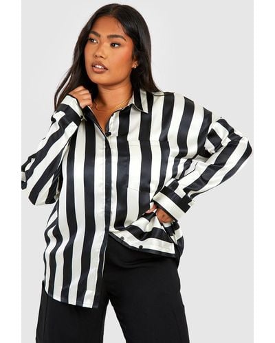 Boohoo Plus Satin Stripe Oversized Shirt - Black