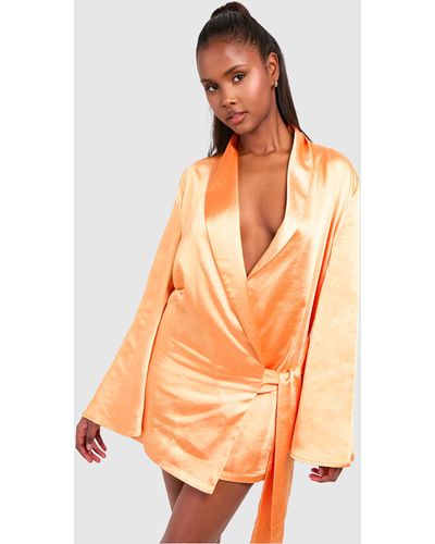 Boohoo Satin Wrap Shirt Dress - Orange