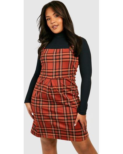 Boohoo Plus Flannel Button Detail Pinafore Dress - Red