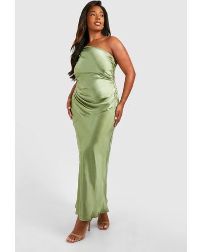 Boohoo Plus Bridesmaid Satin Strappy Asymmetric Maxi Dress - Green