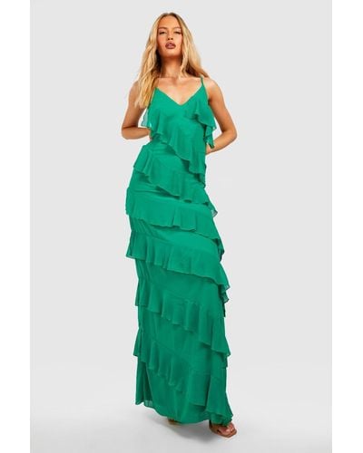 Boohoo Tall Chiffon Ruffle Detail Maxi Dress - Green